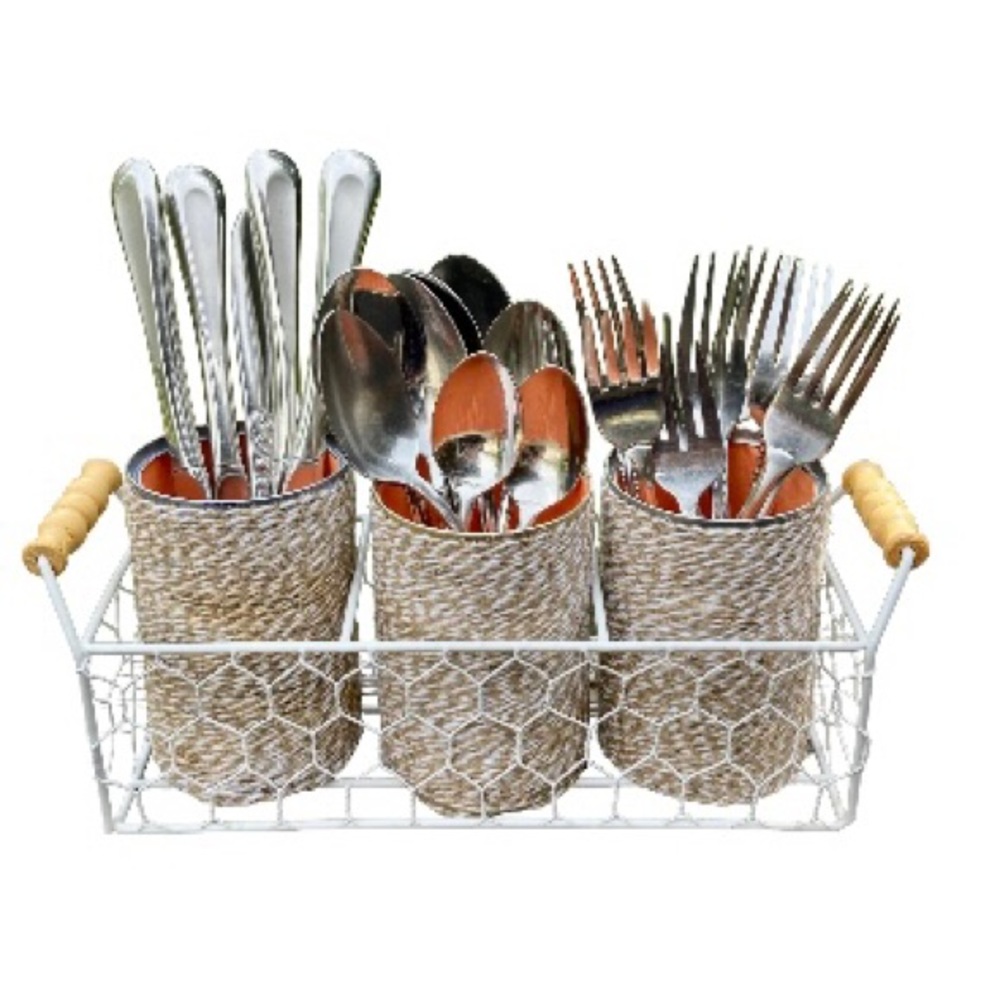 Farmhouse Shabby Chic Chicken Wire Basket Caddy Server 3 Twine Wrapped Cans